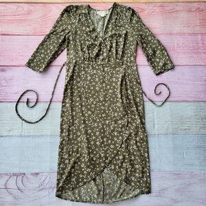Saltwater Luxe‎ Olive Green White Floral Print Tie Waist Midi Wrap Dress Medium
